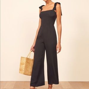 Reformation Black Tie-Shoulder Wide-Leg Jumpsuit